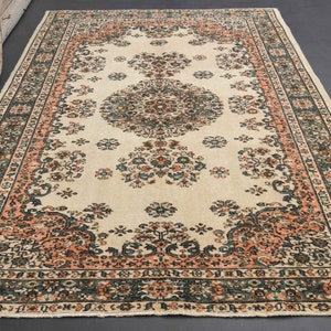 5.6x8.4 MODERN TURKISH Rug, Faded Oriental Green Beige Floral, Area Rug, Turkish Neutral Beige Rug, Oushak Blue Rug Orange Green Motif Rug