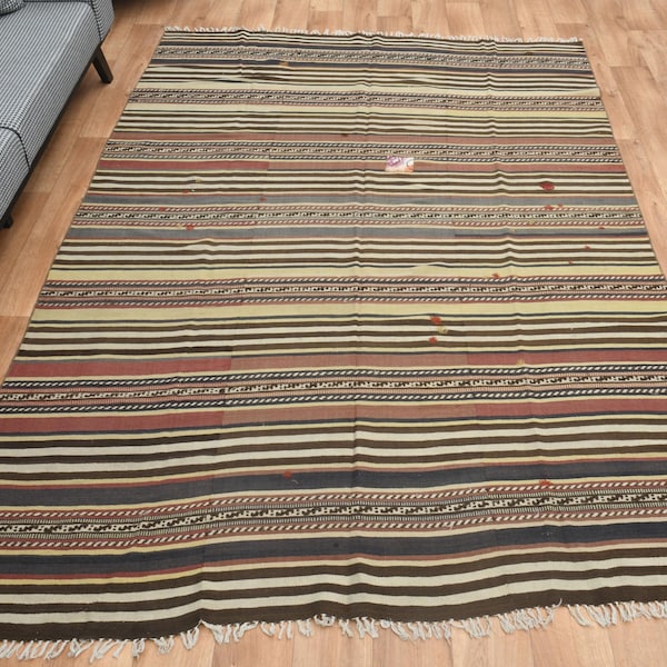 6'4x9'6 VINTAGE TURKISH RUG, Oushak Kilim Rug, Area Rug, Striped Rug, Modern Rug, Minimalist, Wool Rug, Bedroom Decor, Vintage Rug Kilim
