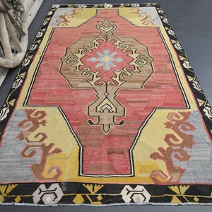 5.6x10.2 Modern AREA COLORFUL Rug, Pink Yellow Brown Vintage Rug, Turkish Rug Handmade Area Large Modern Rare Design Cotton Natural Rugs