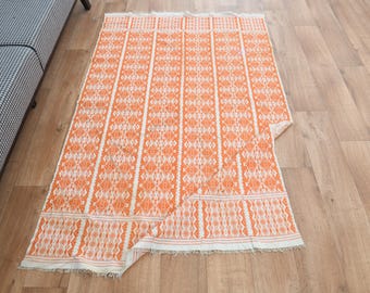 3.7x5.9 ft, Geometrisches Design, Orange Türkischer Teppich, Oushak Vintage Teppich, Boho Teppich, Wollteppich, Flachgewebe Kelim