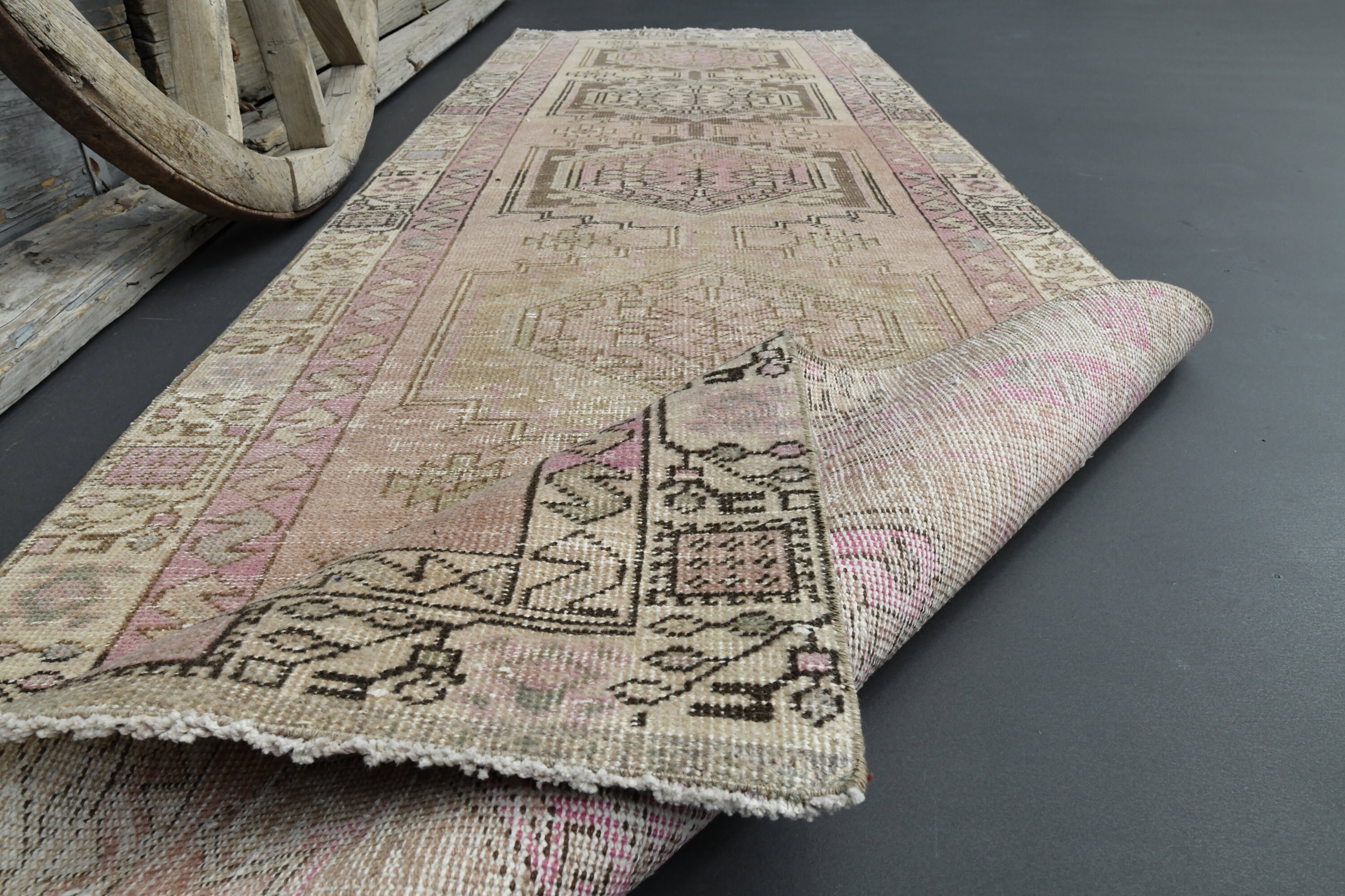 3'1x9'9 アンティークピンクランナーラグ、シャビーな装飾、モダンな