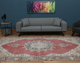 6'7x10'5 RED, Vintage Turkish Rug, Living Room Rug, New Decor Idea, Oversized Distressed Rug, Abstract Rug, Area Rug, Oushak Faded Wool Rug