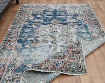 3'6x6'4 ft, TÜRKISCHER BEREICH Vintage Teppich, Oushak Teppich, Wohnzimmerteppich, Blau Rosa Teppich