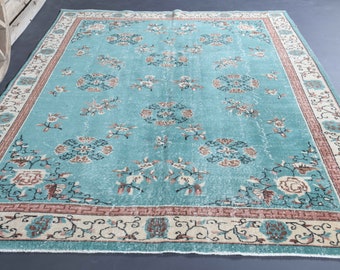 Tappeto turco 6,9x10, verde, minimalista, colorato, tappeto Oushak, tappeto per soggiorno, tappeto turco, tappeto di lana, decorazione per la casa, tappeto vintage, tappeti