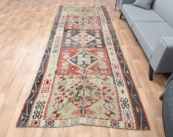 Vintage Tribal Runner Rug, Ethnic Carpet, Traditional Geometric Floor Covering, 4.3x11.6 ft, Geometric Pattern, Colorful Home Accessory