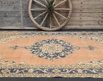 6'9x10'5 DECOR, Turkish Vintage Rug, Area Rug, Distressed Orange Navy Blue Earth Tone Faded, Modern, Room Decor Rugs Handmade Rugs