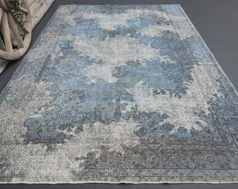 7x10.7 TURKISH Vintage Rug, Blu Natural Oushak Rug, Handwoven Area Rug, Wool Rug, Distressed, Living Room Rug, Oriental Rug, Living Room Rug