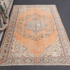 6.4x8.7, Orange Turkish Rug, Beige Wool Rug, Vintage Rug, Home Decor, Area Rug, Distressed Rug, Bohemian Rug, Oushak Rug, Orange Decor