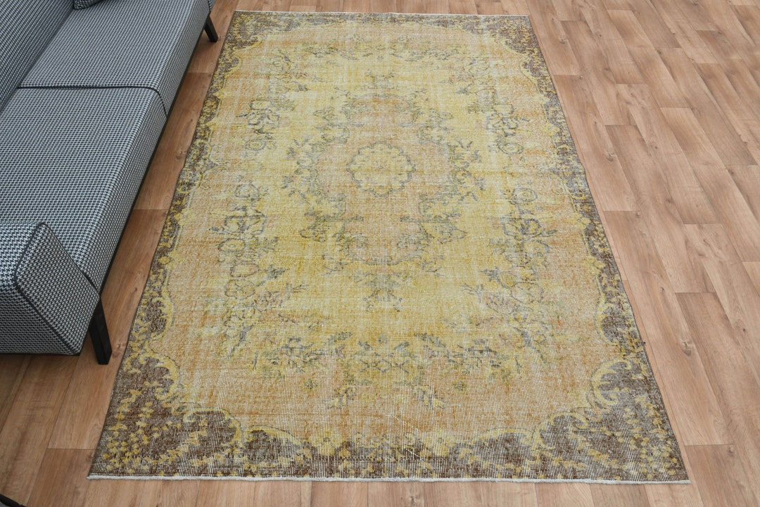 5.9x8.8 Ft, YELLOW TURKISH RUG, Vintage Rug, Oushak Rug, Wool Area