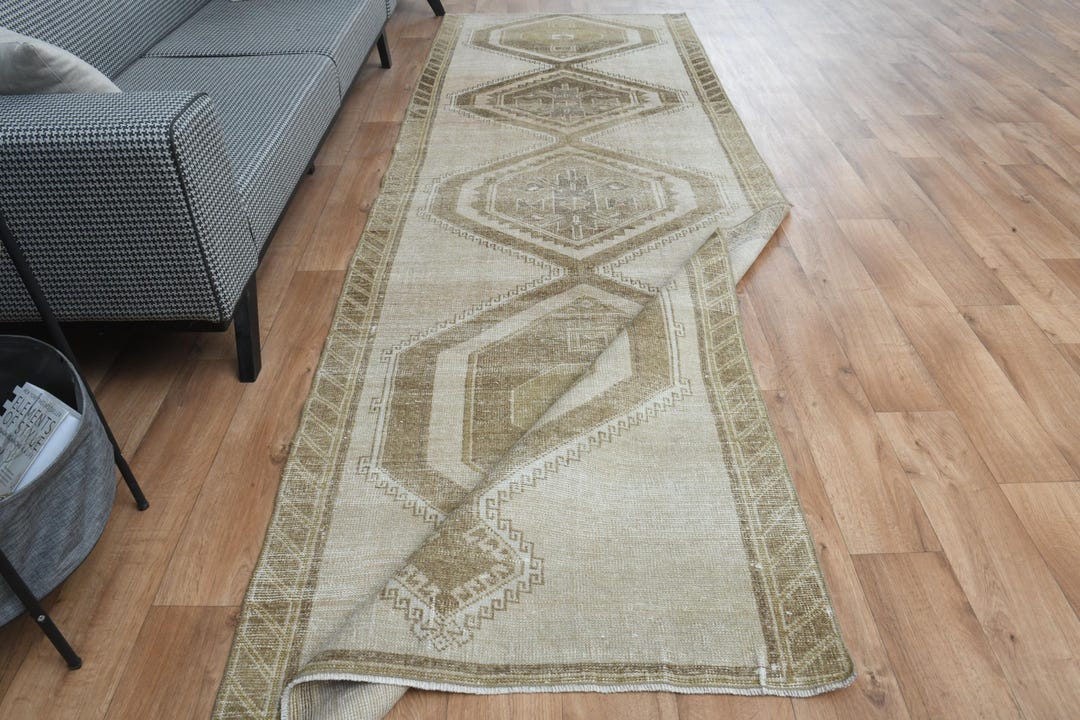 4x12 Ft, TURKISH VINTAGE RUNNER, Beige Green Oushak Rug, Wool Rug ...