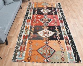 5,5x10,3 turkisk Oushak-matta, vintage ullmatta, färgglad kelimmatta, handgjord heminredning, sliten rosa orange, geometrisk kelimmatta 5x10