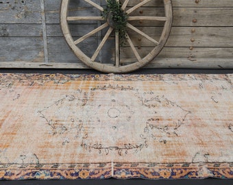 5'1x8'5 türkischer Teppich, Brunt-Orange-Teppich, Handgeknüpfter türkischer Beige, Lila, bunter Teppich, Bauernhausdekor