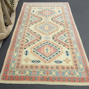 3'2x5'6 TÜRKISCHER Teppich, Beige Rosa Grüner Türkischer Teppich für Wohnzimmer, Vintage Teppich, Handgemachter Teppich, Oushak Teppich, Teppich Decor