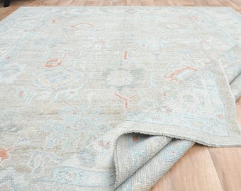 7'9x9'2 ft, OUSHAK VINTAGE RUG, Beige Distressed Blue Area Rug 8x9, Neutral Excellent Condition, Turkish faded Oriental Farmhouse Decor Idea