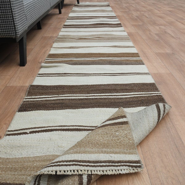 2.1x14.5 Striped Kilim Beige, Vintage Flatweave Striped Wool Rug, Handmade, Floor Decor, Living Room Rug, Turkey Rug, Stair Runner Rug, Wool