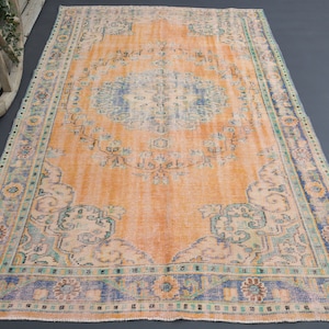 5&#39;9x9&#39;8 ft, VINTAGE TURKISH RUG, Decor Orange Teal Motifs, Floral Rug, Distressed Mediterranean 6x10, Home Decor Handmade Vintage Oushak Rug