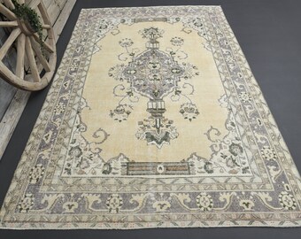 7x11 TURKISH Vintage Area Rug, Handmade Distressed Yellow Purple, Oushak Rug, Turkey Large Area Rug, Rare Medallion Area Rug, 6'8x10'7 ft
