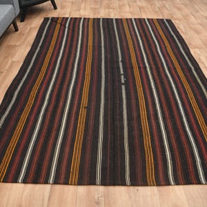 Alfombra Kilim Patch de 7x10, diseño de patchwork plano turco vintage Oushak con rayas marrones y rojas, decoración moderna de mediados de siglo, 6,5x9,9 pies