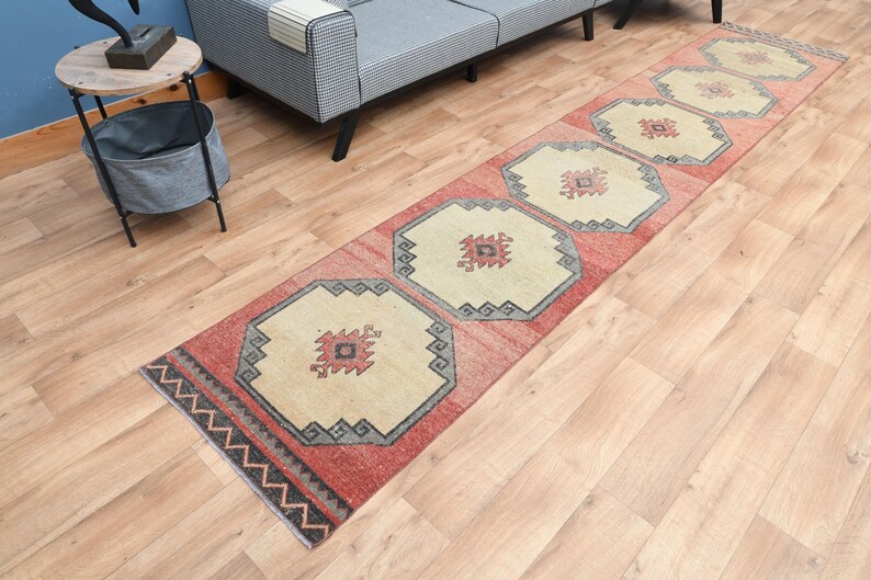 2'6x13'5 Ft, Coral Runner Rug, Wool Jute Accent Rug, Vintage Runner