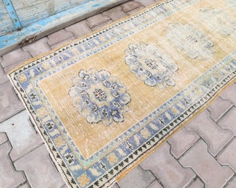 2.6x10.3, TURKISH RUNNER, VINTAGE Runner, Oushak Runner, Runner Rug, Wool, Handmade, Hallway Runner, Geometric, Muted, Orange, Blue, Runner