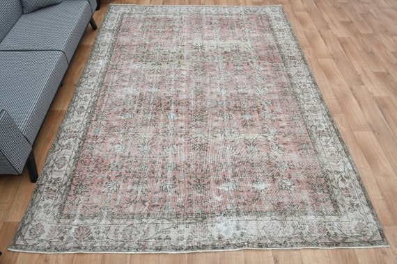 7.3x10.1, VINTAGE TURKISH RUG, Area Rug, Oushak Rug, Beige, Pink