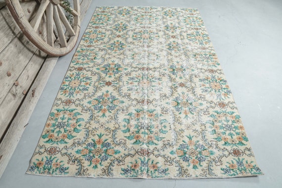 5.1x8.3, BEIGE Area Rug, Green Floral Rug, Turkish Oushak Rug, Entryway Room Boho Art Carpet, Rugs, Alfombra, Teppich Handmade Unique