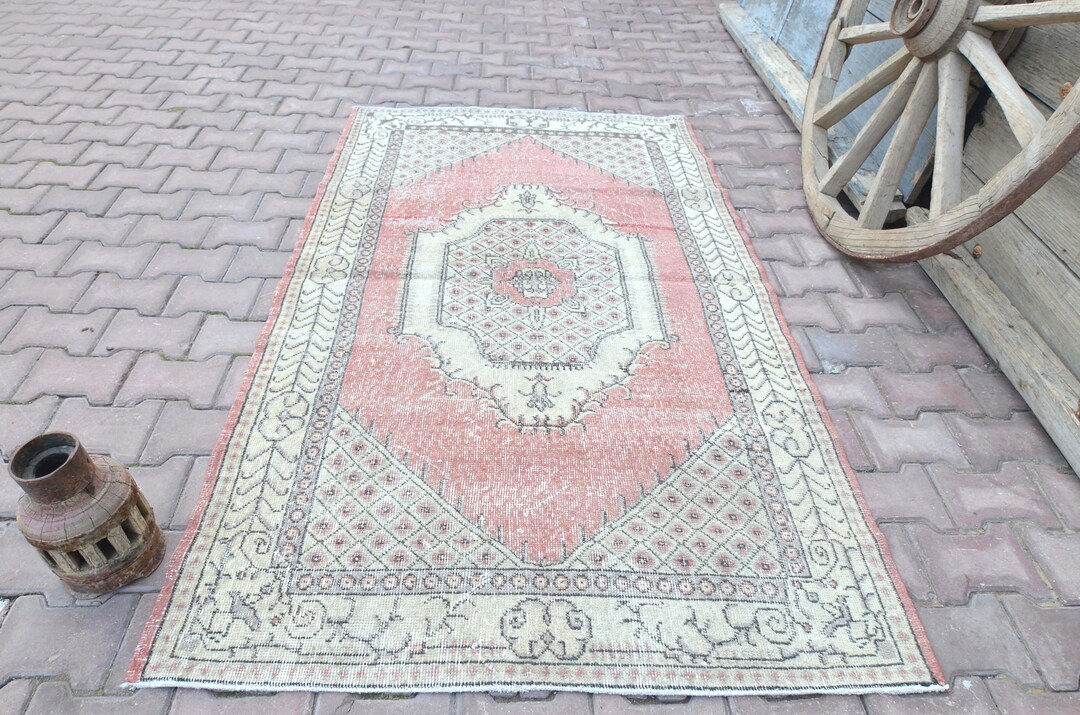 4x7 TURKISH Rug, Faded Pink Vintage Oushak Wool Area Rug, Home Decor