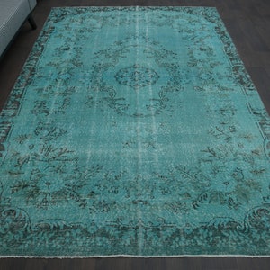 7x10 Turquoise Vintage Rug, Modern Area Rug, Handmade Wool Rug, Interior Design, Oushak Rug, Home Decor, Authentic Unique Color Blue Carpet