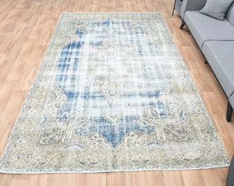 7x11 TURKISH RUG, Blue Oriental Area Rug, Distressed Wool Rug,  Oushak Rug, Oriental, Rugs Teppich Modern Art Deco, Living Room Rug 6.8x10.6