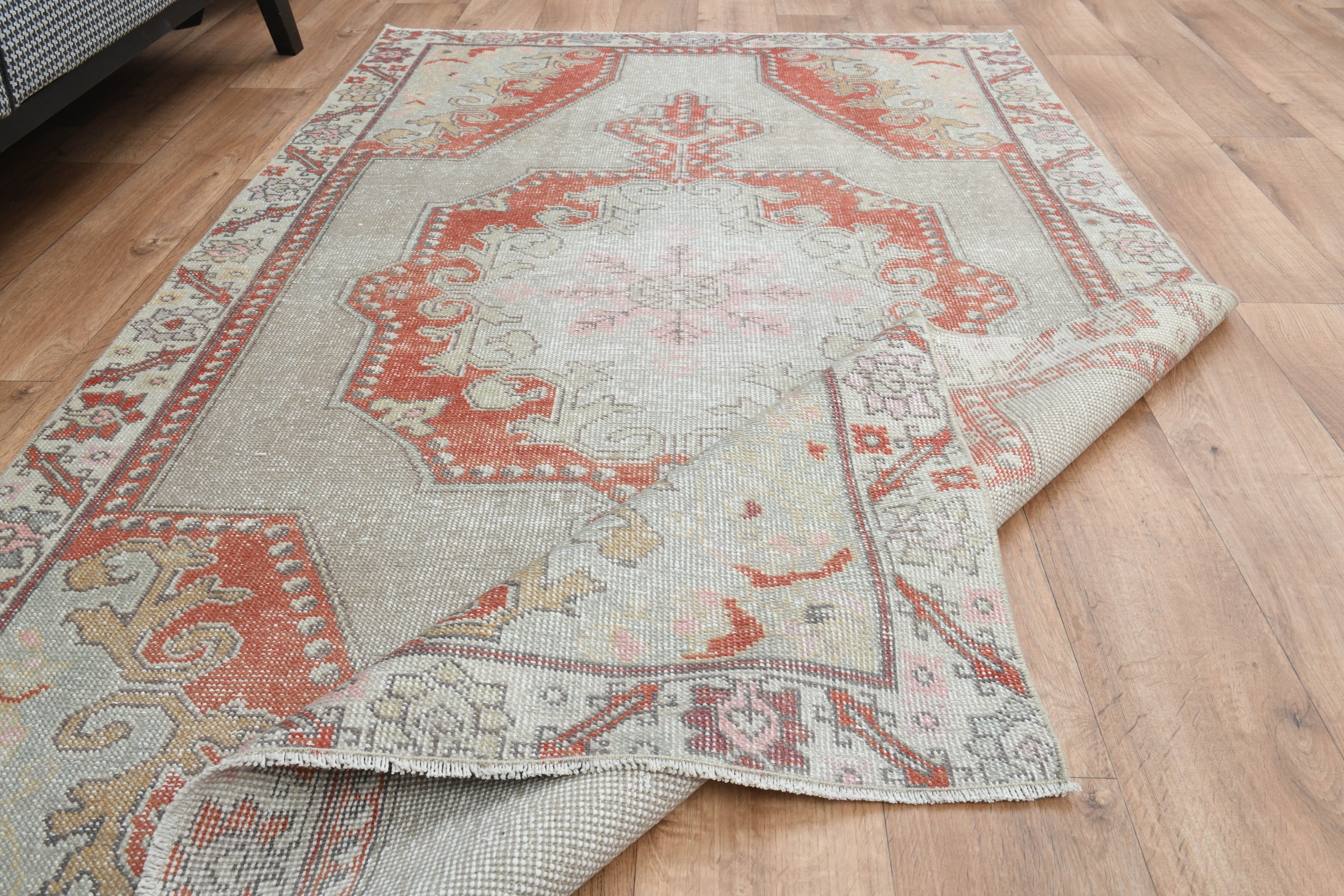 4'2x7'3 Ft, BOHO VINTAGE RUG, Maximalist Beige Orange Rug, Oushak Area ...