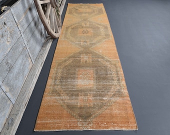 手織りトルコ製ランナーラグ：オレンジグレーヴィンテージ廊下用