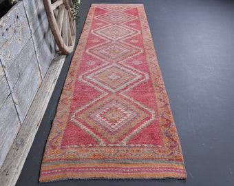 3.1x12.8, HALLWAY Pink Red Turkish Runner, Geometric, Vintage Runner, Wool, Handmade, Oushak Runner, Bohemian Runner, Long Runner, Runners