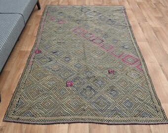 1,2x1,8 m, CICIM KILIM, turkisk kelimmatta i vintagestil, anatolisk plattvävd handvävd traditionell matta, Oushakmatta, bleknad traditionell matta