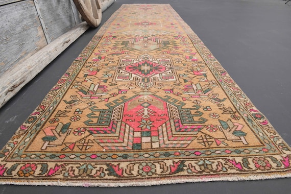 3x12.1 TURKISH RUNNER RUG, Turkish Rug, Orange Pink Green Runner Rug Oriental Rugs, Oushak Vintage Bohemian Wool on Cotton Home Rug, Carpet