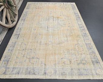 6.9x10.4 Faded Orange Turkish Area Oushak rug, Vintage Levander Floral Bohemian Rug, Anatolian Wool Cotton Rug, Home Decor, Rugs, Carpets