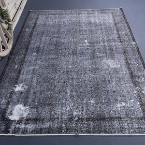 6.7x9.9 TURKISH Rug, VINTAGE Blue Gray Distressed Area Oushak Rug, Wool Rug, Room Decor, Living Room Rug, Brown Motifs Gray Rugs, Premium