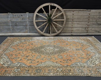 7.4x10.2 MINIMALIST Area Rug, Heritage Rug, Orange Green Rug, Shabby Decor, Hand-knotted Wool on Cotton, Excellent Condition Rug