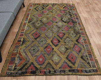 COLORFUL KILIM RUG, Turkish Vintage Rug, Distressed Living Room Rug, Area Rug Oushak, 5'4x8'3 ft, Home Decor Wool Rug, Flatweave Kilim Rug