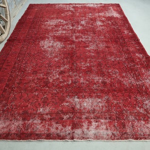 6.8x11.1 Turkish Area Rug, Hot Red Vintage Hand-knotted, Living Room Wool rug, Distressed Oriental Rug, Boho Chic, Farmhouse Decor Rugs
