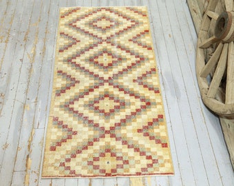 2.9x6.3, Turkish Meditation Beige Yellow Rug, Turkish Retro Bath Rug, Bathroom Kitchen Perfect Area Runner, Wool Rug, Rug Runner, Runner Rug
