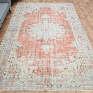 7&#39;1x10&#39;7 ft, PINK LUXURY RUG, Pastel Modern Rug, Turkish Vintage Oushak Rug, Home Decor, Luxury Area Rug, Star Rug, Oversized Rug, 7x11 Rug