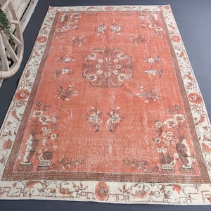 6.3x10.2 TURKISH RUG, Coral Red, Brunt Orange Area Rug, Living Room, Bedroom Vintage Oushak Rug, Pink Distressed Home Decor Oriental rugs
