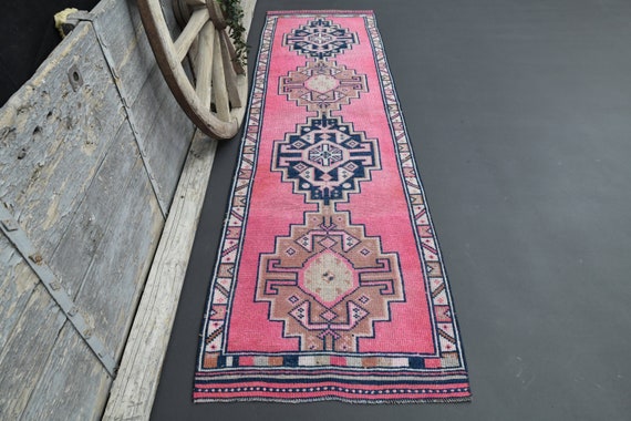 ヴィンテージ　トルコ製ランナーラグ 2'8x10'3 ピンクブルー、トルコ製ヴィンテージランナー