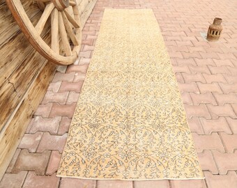2.7x9.8, TURKISH RUNNER, Orange Turkish Rug, Runner Rug, Floral Rug, Runner Rug, Hallway Runner, Gold Beige, Vintage, Handmade, Rugs