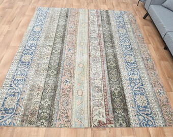 7.3x8.7 DECOR, Turkish Patchwork Rag Rug, Oversized Vintage Rug, Rugs, Bohemian Beige Lined Shabby Modern Decor Luxury Cotton Rug