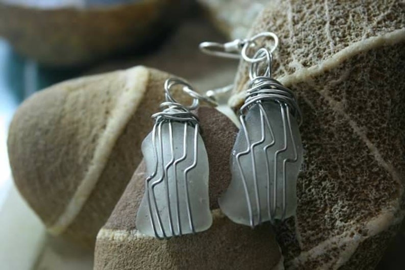Authentic White Sea glass Pendant and Pierced Earring Set wire wrapped in non tarnish Silver jewelry wire with 20 Black cord necklace