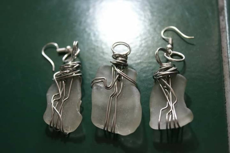 Authentic White Sea glass Pendant and Pierced Earring Set wire wrapped in non tarnish Silver jewelry wire with 20 Black cord necklace