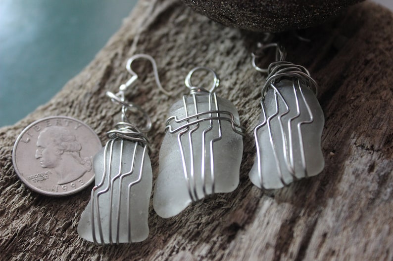 Authentic White Sea glass Pendant and Pierced Earring Set wire wrapped in non tarnish Silver jewelry wire with 20 Black cord necklace