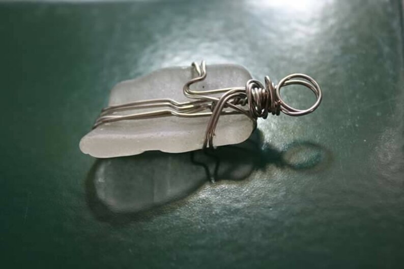 Authentic White Sea glass Pendant and Pierced Earring Set wire wrapped in non tarnish Silver jewelry wire with 20 Black cord necklace