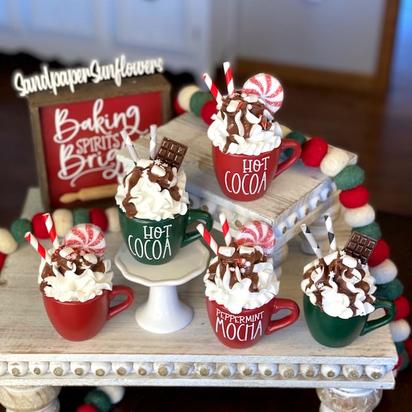 MINI MUG & WHIP/ "Peppermint Cocoa and Hot Cocoa" Mini Mug with Faux Whipped Cream Topping / Christmas Tiered Tray, Marshmallow Chocolate